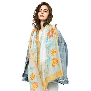 Chrysanthemum printed cotton tassel cheap scarf