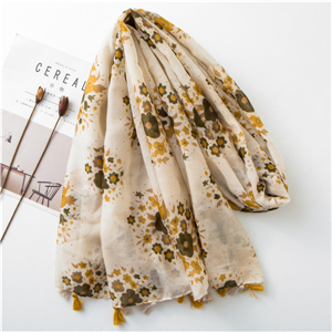 Wholesale yellow flower print tassel cotton scarf