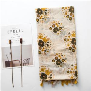 Wholesale yellow flower print tassel cotton scarf