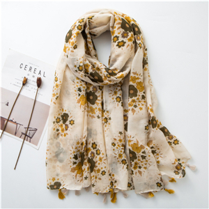Wholesale yellow flower print tassel cotton scarf