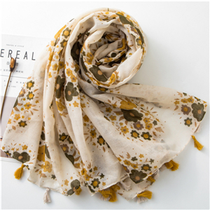 Wholesale yellow flower print tassel cotton scarf