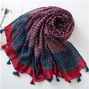 Wholesale totem print contrast tassel cotton scarf