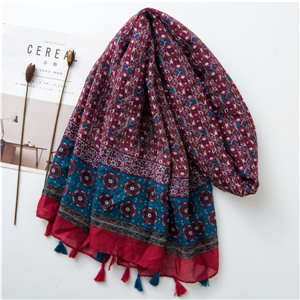 Wholesale totem print contrast tassel cotton scarf