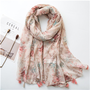 Wholesale flower print tassel cotton scarf