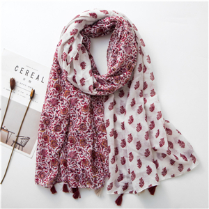 Wholesale contrast color flower print tassel cotton scarf