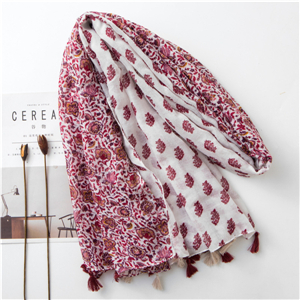 Wholesale contrast color flower print tassel cotton scarf