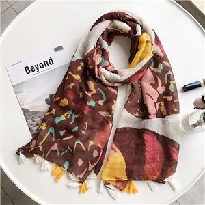 Wholesale coffee color butterfly print tassel cotton scarf