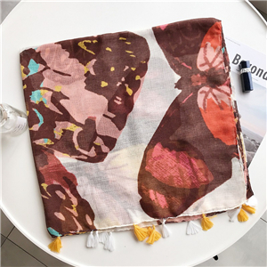 Wholesale coffee color butterfly print tassel cotton scarf