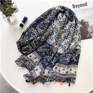 Navy blue totem print tassel cotton cheap scarf