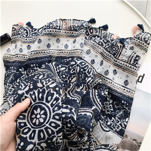 Navy blue totem print tassel cotton cheap scarf