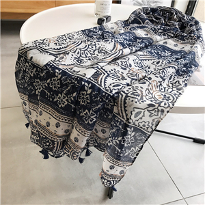 Navy blue totem print tassel cotton cheap scarf
