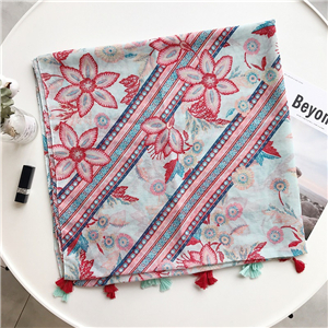 Wholesale flower print tassel cotton scarf