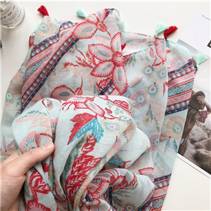 Wholesale flower print tassel cotton scarf