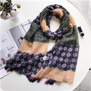 China wholesale pink green floral tassel cotton scarf