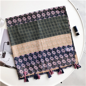 China wholesale pink green floral tassel cotton scarf