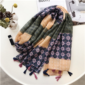 China wholesale pink green floral tassel cotton scarf