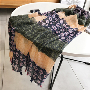 China wholesale pink green floral tassel cotton scarf