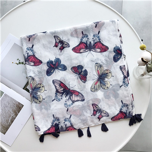 China wholesale butterfly flower print tassel cotton scarf