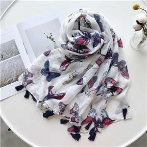 China wholesale butterfly flower print tassel cotton scarf