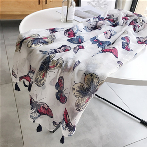 China wholesale butterfly flower print tassel cotton scarf
