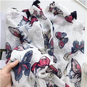 China wholesale butterfly flower print tassel cotton scarf