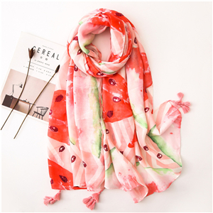 Wholesale watermelon pink cotton print tassel cotton scarf