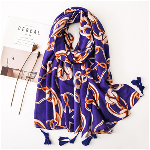 Wholesale blue bottom metal ring print tassel cotton scarf
