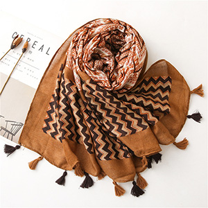 Fringe printed corrugated cotton linen scarf