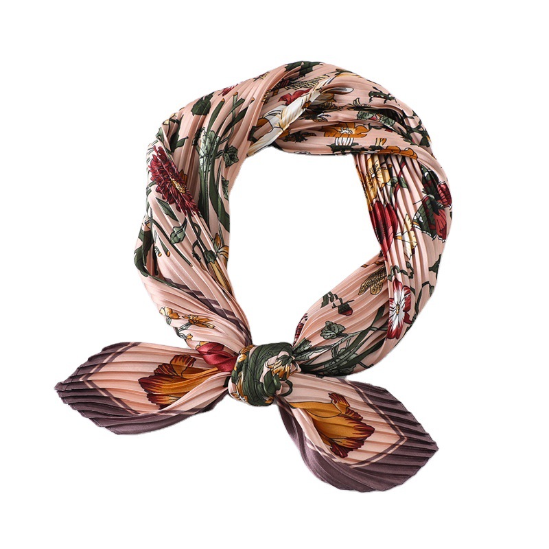 Wholesale printed pleated satin silk scarf