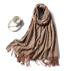 Printed striped fringed cashmere scarf