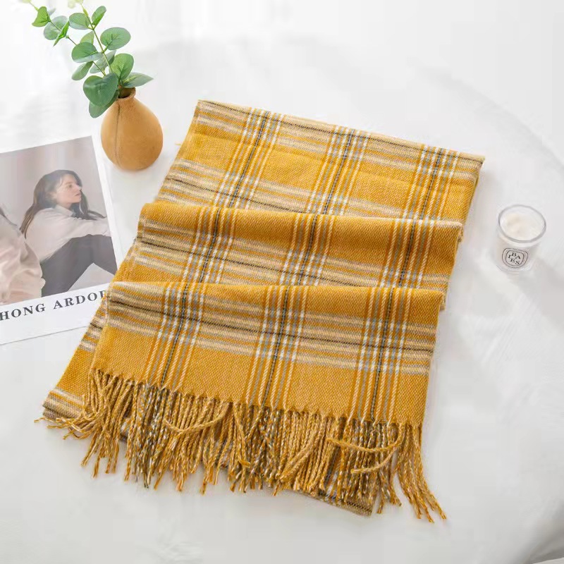Imitation cashmere Plaid Scarf women Korean warm tassel stripe Plaid Scarf