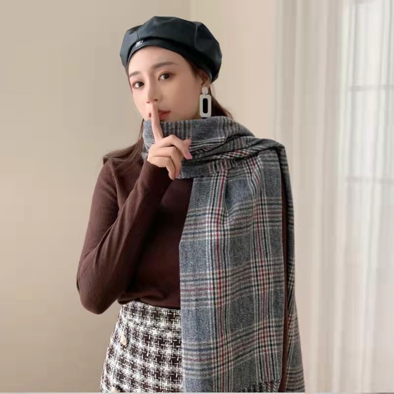 Imitation cashmere Plaid Scarf women Korean warm tassel stripe Plaid Scarf