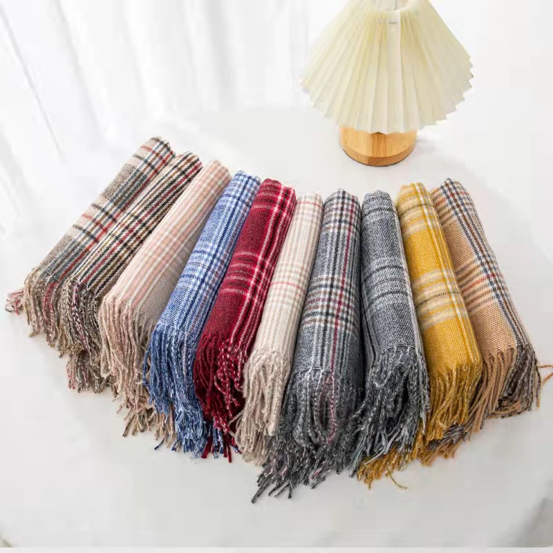 Imitation cashmere Plaid Scarf women Korean warm tassel stripe Plaid Scarf
