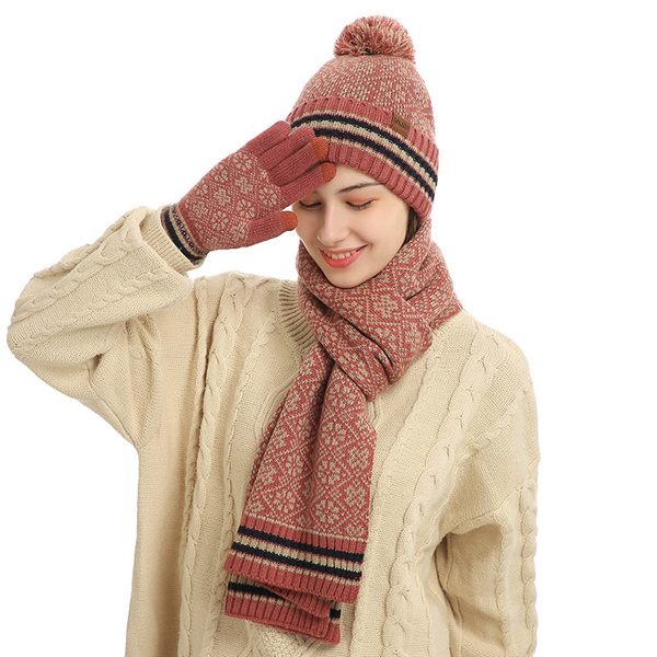 Three piece thermal suit acrylic knitted wool hat scarf gloves