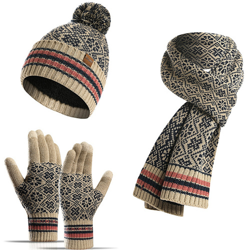 Three piece thermal suit acrylic knitted wool hat scarf gloves
