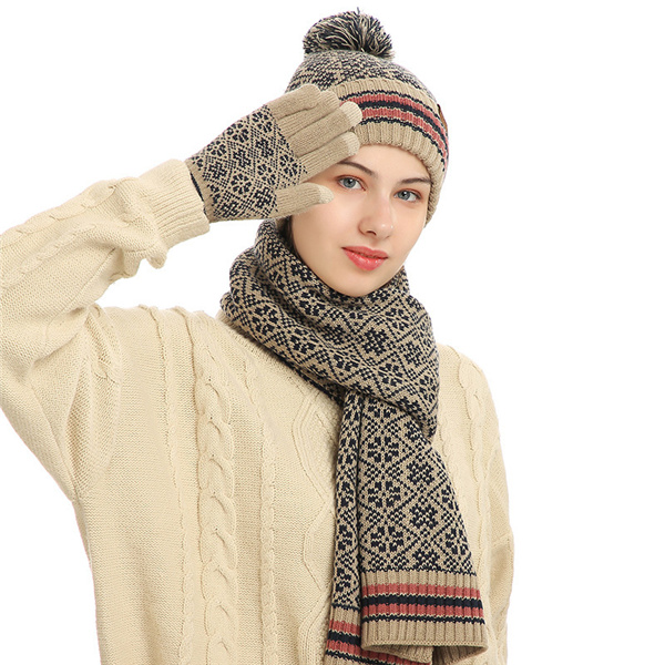 Three piece thermal suit acrylic knitted wool hat scarf gloves