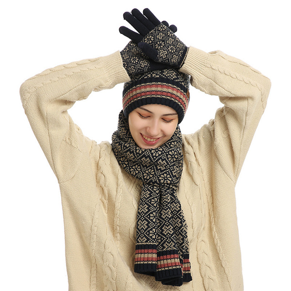 Three piece thermal suit acrylic knitted wool hat scarf gloves