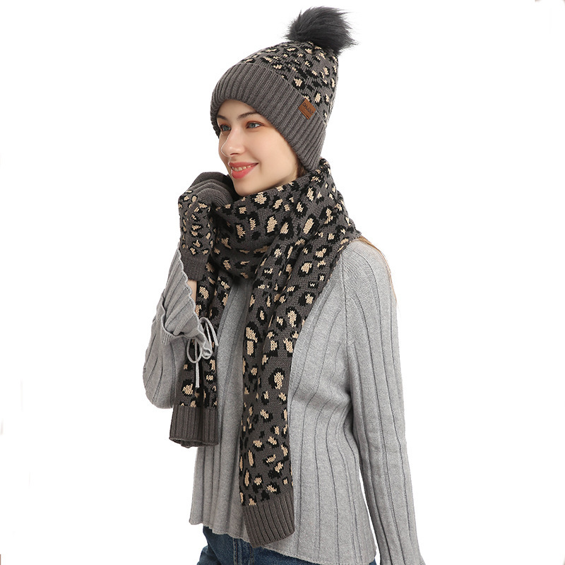 Knitted Leopard Print Warm Wool Hat Scarf Gloves Three piece Set