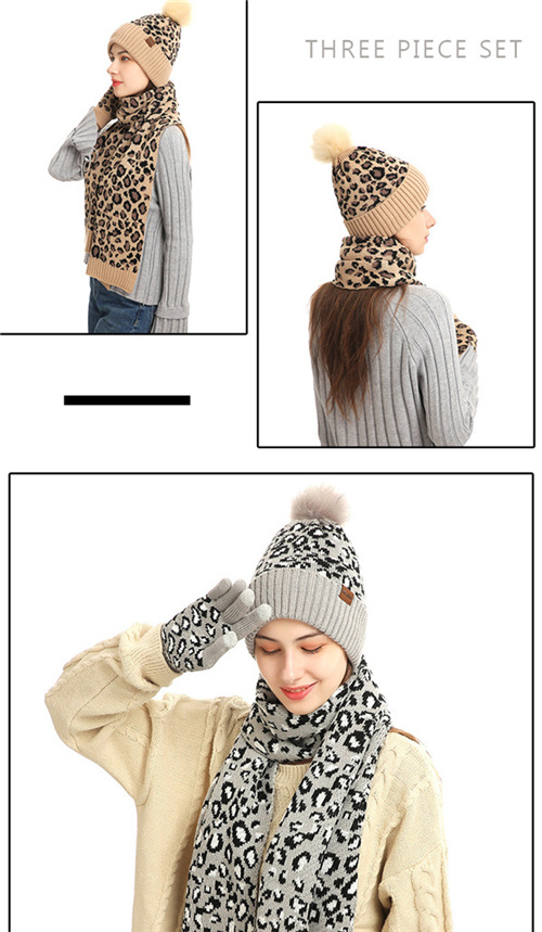 Knitted Leopard Print Warm Wool Hat Scarf Gloves Three piece Set