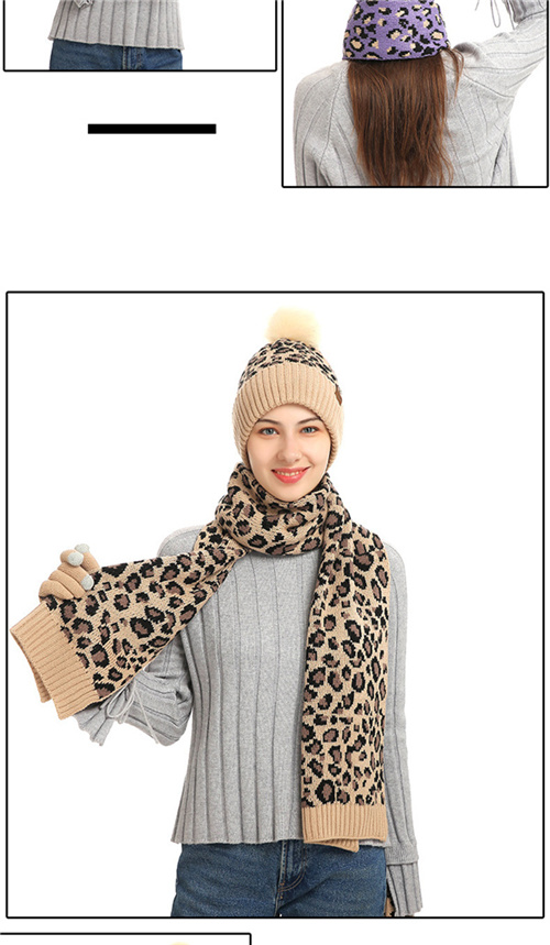 Knitted Leopard Print Warm Wool Hat Scarf Gloves Three piece Set