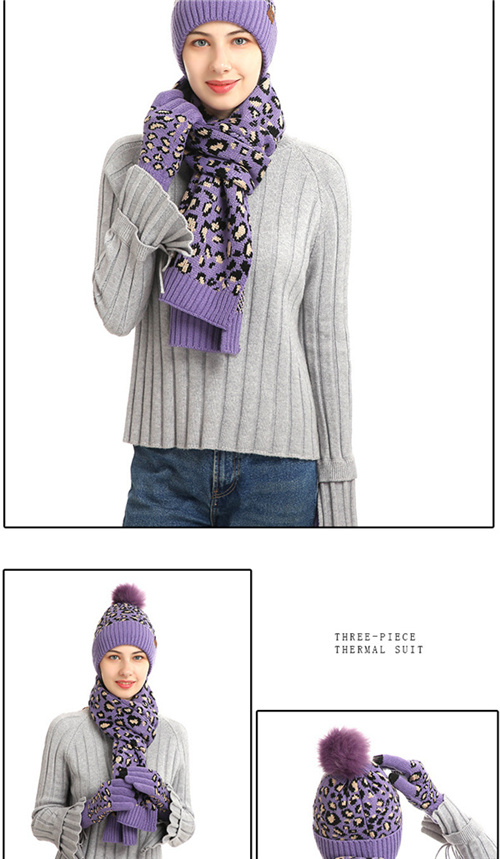 Knitted Leopard Print Warm Wool Hat Scarf Gloves Three piece Set