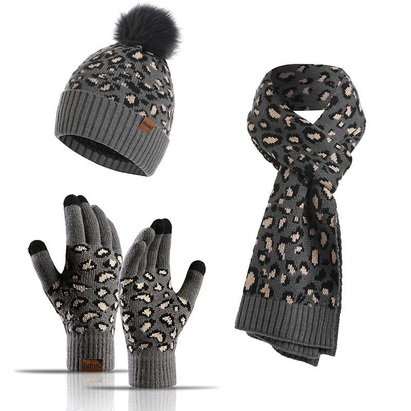 Knitted Leopard Print Warm Wool Hat Scarf Gloves Three piece Set