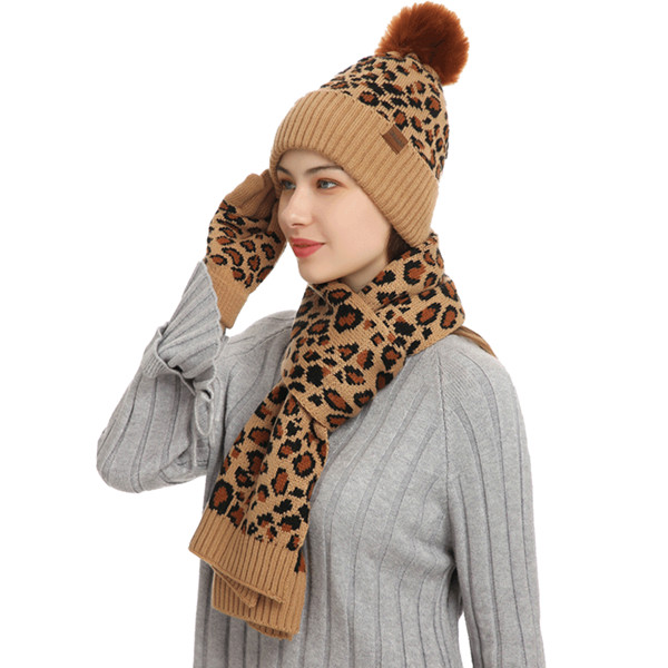 Knitted Leopard Print Warm Wool Hat Scarf Gloves Three piece Set
