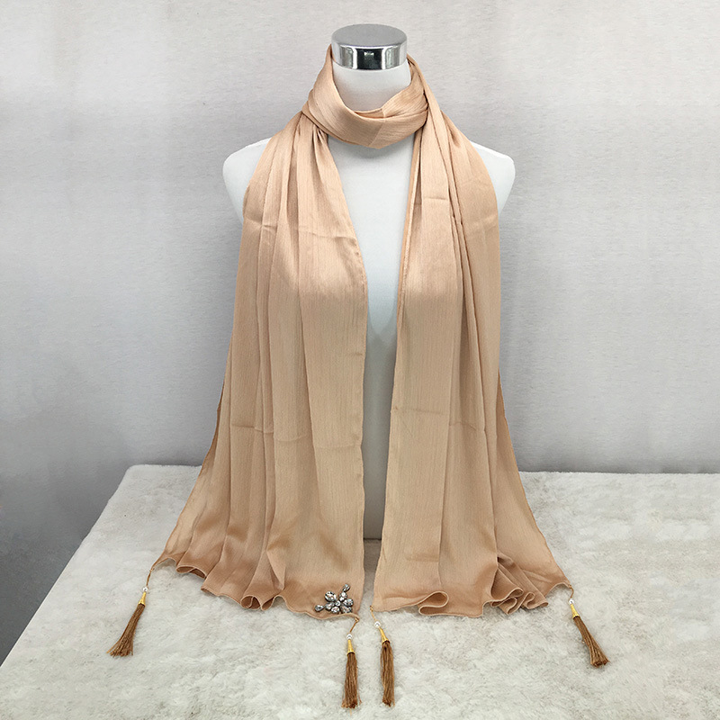 Popular national style scarf monochrome lengthened silk scarf with diamond tassel phial wholesale