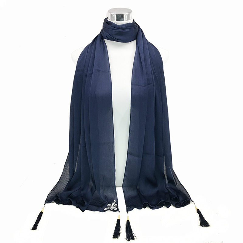 Popular national style scarf monochrome lengthened silk scarf with diamond tassel phial wholesale