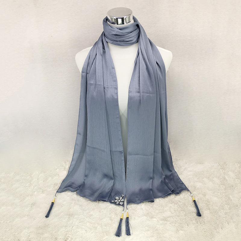 Popular national style scarf monochrome lengthened silk scarf with diamond tassel phial wholesale