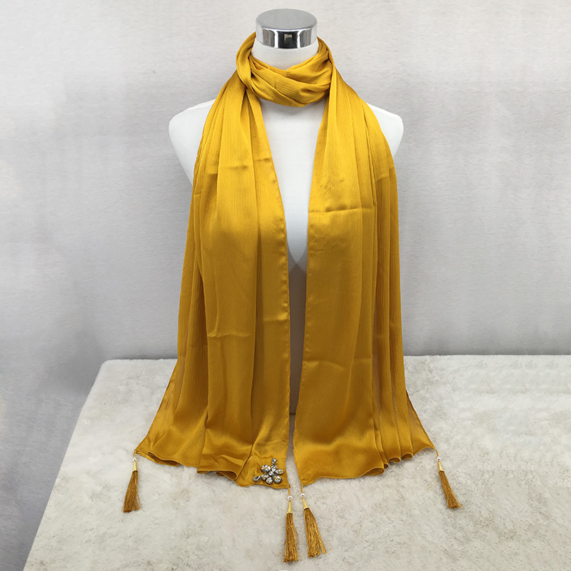 Popular national style scarf monochrome lengthened silk scarf with diamond tassel phial wholesale