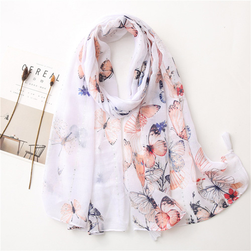 Butterfly print scarves sequined cotton linen beach scarf
