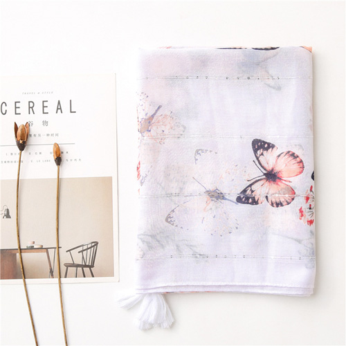 Butterfly print scarves sequined cotton linen beach scarf