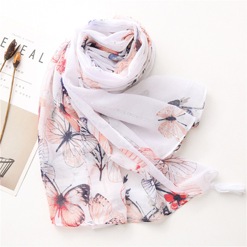 Butterfly print scarves sequined cotton linen beach scarf